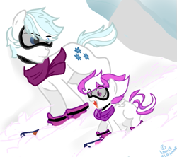 Size: 671x597 | Tagged: safe, artist:h0mi3, character:double diamond, oc, oc:snowlight, parent:double diamond, parent:twilight sparkle, parents:diamondlight, species:pegasus, species:pony, blank flank, father and daughter, female, filly, goggles, male, offspring, skiing, snow