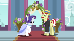 Size: 1920x1079 | Tagged: safe, artist:swiftgaiathebrony, base used, character:flam, character:rarity, species:pony, species:unicorn, ship:rariflam, clothing, crack shipping, dress, facial hair, female, gown, hat, male, mare, marriage, moustache, shipping, stallion, straight, suit, tuxedo, wedding, wedding dress