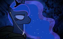 Size: 1131x707 | Tagged: safe, artist:lazypixel, character:princess luna, species:alicorn, species:pony, friendship is witchcraft, blue background, clothing, crown, dark, earbuds, eyes closed, female, headphones, hoodie, ipod, jewelry, lunar slander, mare, regalia, simple background, smiling, solo, wallpaper