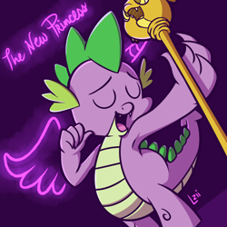 Size: 1024x1024 | Tagged: safe, artist:elzielai, character:spike, species:dragon, episode:princess spike, g4, my little pony: friendship is magic, armpits, eyes closed, male, neon, open mouth, scepter, solo, twilight scepter