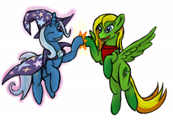Size: 1920x1358 | Tagged: safe, artist:lizardwithhat, character:trixie, oc, oc:beauty leaf, species:pegasus, species:pony, species:unicorn, duo, hoofbump, simple background