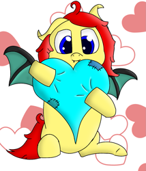 Size: 1047x1221 | Tagged: safe, artist:gamer-shy, oc, oc:gamershy yellowstar, species:bat pony, species:pony, episode:hearts and hooves day, g4, my little pony: friendship is magic, blue eyes, cute, fangs, heart, heart pillow, pillow, red mane, solo, yellow fur