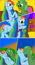 Size: 1134x2107 | Tagged: safe, artist:gamer-shy, character:rainbow dash, oc, oc:green thunder, species:alicorn, species:pony, canon x oc, carnival, comic, food, french fries, friendship, greendash, greendorable, hay fries, kissing, long mane, male, never doubt blaa6 involvement, sunset