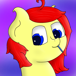 Size: 1024x1024 | Tagged: safe, artist:gamer-shy, oc, oc:gamershy yellowstar, species:bat pony, species:pony, blue background, bust, fangs, red mane, simple background, solo, stylus