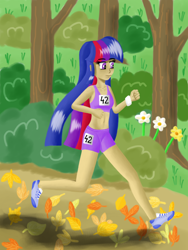 Size: 1200x1600 | Tagged: safe, artist:fahu, character:twilight sparkle, species:human, belly button, bush, clothing, flower, happy, human coloration, humanized, jogging, leaves, midriff, multicolored hair, purple eyes, running of the leaves, running shorts, shoes, shorts, skinny, smiling, sneakers, sports bra, tomboy, tree