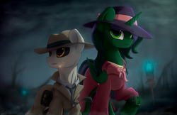 Size: 5155x3350 | Tagged: safe, artist:avastin4, oc, oc:virescent, species:pony, fallout equestria, artificial alicorn, fallout equestria: commonwealth, fallout equestria: commonwealth - fog harbour, fanfic art, nick valentine, synth