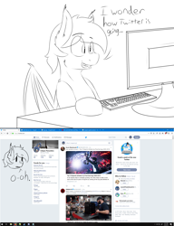 Size: 1920x2500 | Tagged: safe, artist:eclipsepenumbra, artist:eclipsethebat, oc, oc only, oc:eclipse penumbra, species:bat pony, browser, computer, firefox, meta, reaction, rule 63, sketch, twitter
