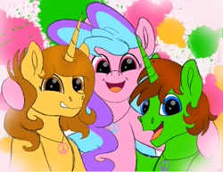 Size: 1017x786 | Tagged: safe, artist:bellbell123, oc, oc:aspen, oc:bella pinksavage, oc:ryan, species:pony, brother and sister, couple, female, hippie, jewelry, male, necklace, peace symbol, platonic, ryspen, siblings, sisterly love