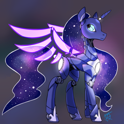 Size: 1000x1000 | Tagged: safe, artist:overkenzie, character:princess luna, species:alicorn, species:pony, blurred background, female, mecha, robot, robot pony, solo, stars, wings