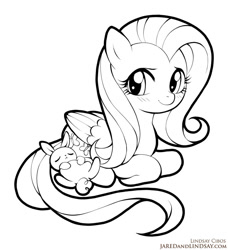 Size: 769x844 | Tagged: safe, artist:lindsay cibos, character:angel bunny, character:fluttershy, species:pegasus, species:pony, black and white, female, grayscale, looking at you, male, mare, monochrome, simple background, sitting, sleeping, smiling, white background