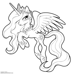 Size: 841x850 | Tagged: safe, artist:lindsay cibos, character:princess celestia, species:alicorn, species:pony, black and white, female, flying, grayscale, hoof shoes, jewelry, lineart, looking at you, mare, monochrome, peytral, simple background, smiling, solo, tiara, white background