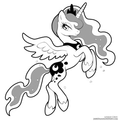 Size: 834x850 | Tagged: safe, artist:lindsay cibos, character:princess luna, species:alicorn, species:pony, black and white, female, flying, grayscale, hoof shoes, jewelry, mare, monochrome, peytral, simple background, smiling, solo, tiara, white background
