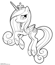 Size: 729x850 | Tagged: safe, artist:lindsay cibos, character:princess cadance, species:alicorn, species:pony, black and white, female, grayscale, hoof shoes, jewelry, mare, monochrome, peytral, simple background, smiling, solo, tiara, white background