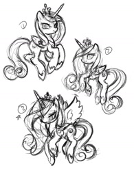 Size: 1280x1640 | Tagged: safe, artist:lindsay cibos, character:princess cadance, species:alicorn, species:pony, black and white, female, grayscale, hoof shoes, jewelry, mare, monochrome, peytral, rough sketch, simple background, sketch, smiling, solo, tiara, white background