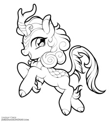Size: 728x800 | Tagged: safe, artist:lindsay cibos, character:autumn blaze, species:kirin, species:pony, awwtumn blaze, black and white, cloven hooves, cute, female, grayscale, leonine tail, looking back, mare, monochrome, simple background, smiling, solo, white background