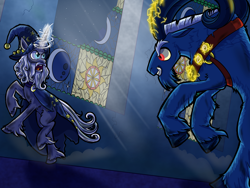 Size: 1600x1200 | Tagged: safe, artist:redahfuhrerking, character:grogar, character:star swirl the bearded, species:pony, species:unicorn, castle of the royal pony sisters, cracked horn, evil grin, fight, glowing horn, grin, last stand, magic, night, rearing, smiling