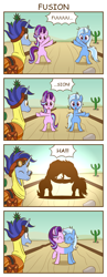 Size: 800x2060 | Tagged: safe, artist:sazanamibd, character:hoo'far, character:starlight glimmer, character:trixie, species:pony, species:unicorn, episode:on the road to friendship, 4koma, catdog, comic, conjoined, dragon ball z, female, fusion, fusion dance, jaw drop, male, mare, nuzzling, open mouth, pushmi-pullyu, smiling, stallion, translation