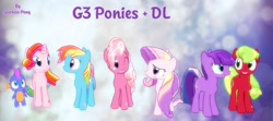 Size: 3500x1557 | Tagged: safe, artist:equmoria, character:fluttershy (g3), character:pinkie pie (g3), character:rainbow dash (g3), character:rarity (g3), character:spike (g3), species:dragon, species:pony, g3, 3d, 3d model, applejack (g3), baby, baby dragon, downloadable, fluttershy (g3), g3 to g4, generation leap, mmd, twilight twinkle