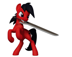 Size: 1280x1024 | Tagged: safe, artist:clawed-nyasu, oc, oc only, oc:blake hearts, species:pony, 3d, 3d model, commission, mouth hold, simple background, solo, sword, transparent background, weapon