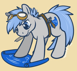 Size: 488x455 | Tagged: safe, artist:ryunwoofie, oc, oc:blueprints, species:earth pony, species:pony, blueprint, goggles, hammer, male, mouth hold, pencil, simple background, solo, stallion, toolbelt, tools
