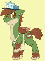 Size: 612x827 | Tagged: safe, artist:ryunwoofie, oc, oc:blooming berry, species:pegasus, species:pony, apron, balancing, clothing, cup, freckles, kettle, male, raised hoof, simple background, smiling, stallion, teacup, tray