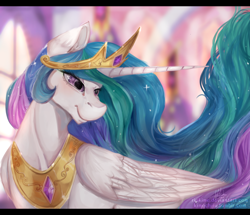 Size: 2000x1720 | Tagged: safe, artist:riukime, artist:rottengotika, character:princess celestia, species:alicorn, species:pony, blurred background, collaboration, crown, digital painting, female, flowing mane, full background, jewelry, peytral, regalia, solo, tiara