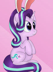 Size: 734x993 | Tagged: safe, artist:noosa, character:starlight glimmer, species:pony, species:unicorn, abstract background, bucktooth, bunny ears, clothing, costume, easter bunny, female, hooves together, mare, sitting, smiling, solo