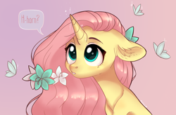 Size: 4000x2628 | Tagged: safe, artist:worldlofldreams, character:fluttershy, species:pony, species:unicorn, g5 leak, leak, bust, cute, dialogue, ear fluff, female, floppy ears, flower, fluttershy (g5), high res, looking at something, looking up, pink background, portrait, shyabetes, simple background, solo, speech bubble, unicorn fluttershy