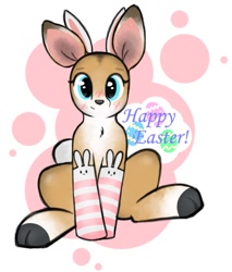 Size: 833x980 | Tagged: safe, artist:itsmeelement, oc, oc only, oc:cheyenne, species:deer, barely pony related, blushing, bunny ears, clothing, cute, deer oc, doe, easter, female, holiday, looking at you, ocbetes, sitting, socks, solo, striped socks, text