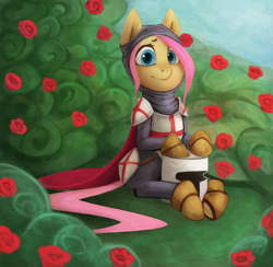 Size: 2000x1955 | Tagged: safe, artist:derpyrider, character:fluttershy, species:pony, armor, crusader, fantasy class, female, flower, helmet, knight, looking at you, mare, paladin, rose, rose bush, sitting, solo, three quarter view, unmasked, warrior