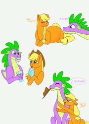 Size: 1380x1922 | Tagged: safe, artist:bellbell123, character:applejack, character:spike, ship:applespike, accessory theft, blushing, cute, dialogue, doodles, female, jackabetes, male, messy eating, milkshake, older, older spike, pregnant, shipping, spikabetes, straight, thought bubble