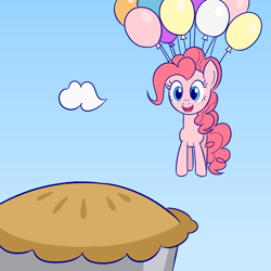 Size: 2000x2000 | Tagged: safe, artist:sazanamibd, character:pinkie pie, species:earth pony, species:pony, balloon, female, floating, food, mare, pie, solo, then watch her balloons lift her up to the sky