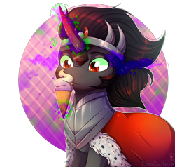 Size: 3000x2850 | Tagged: safe, artist:bladedeehunter, artist:soundwavepie, character:king sombra, species:pony, species:unicorn, abstract background, collaboration, cute, food, ice cream, male, solo, sombradorable, stallion