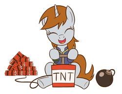 Size: 2000x1540 | Tagged: safe, artist:sazanamibd, oc, oc only, oc:littlepip, species:pony, species:unicorn, fallout equestria, bomb, clothing, detonator, explosives, eyes closed, fanfic, fanfic art, female, game: fallout equestria: remains, hooves, horn, mare, open mouth, pipbuck, simple background, sitting, solo, tnt, vault suit, weapon, white background