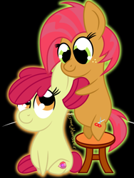 Size: 1080x1433 | Tagged: safe, artist:puperhamster, character:apple bloom, character:babs seed, species:earth pony, species:pony, adorababs, adorabloom, black background, chibi, cousins, cute, cutie mark, female, filly, simple background, smiling, the cmc's cutie marks