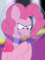 Size: 1400x1842 | Tagged: safe, artist:puperhamster, character:pinkie pie, species:earth pony, species:pony, episode:sparkle's seven, g4, my little pony: friendship is magic, astronaut pinkie, cute, diapinkes, female, raspberry, scene interpretation, simple background, solo, space helmet, spit, tongue out