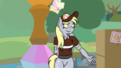 Size: 2517x1408 | Tagged: safe, artist:alexmichanikos, character:derpy hooves, species:anthro, episode:the point of no return, g4, my little pony: friendship is magic, bottomless, clothing, featureless crotch, female, partial nudity, redraw, scene interpretation, show accurate clothing, solo