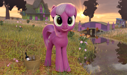 Size: 2031x1194 | Tagged: safe, artist:gabe2252, character:cheerilee, species:pony, alcohol, basket, bridge, cycles, female, flower, grass, house, river, solo, tree, trixie's wagon, uncanny valley, wine