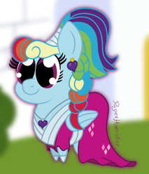 Size: 1300x1523 | Tagged: safe, artist:puperhamster, character:rainbow dash, species:pegasus, species:pony, episode:sparkle's seven, g4, my little pony: friendship is magic, alternate hairstyle, big eyes, chibi, clothing, cute, dashabetes, ear piercing, female, jewelry, megaradash, necklace, piercing, rainbow dash always dresses in style, scene interpretation, simple background, solo