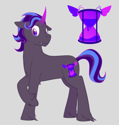 Size: 1000x1050 | Tagged: safe, artist:enigmadoodles, oc, oc only, oc:blacklight, parent:king sombra, parent:starlight glimmer, species:pony, species:unicorn, colored horn, curved horn, cute, cute little fangs, cutie mark, fangs, floppy ears, gray background, horn, hourglass, hybrid, male, parents:starlightsombra, raised hoof, simple background, slit eyes, solo, stallion, umbrum oc, unshorn fetlocks