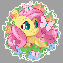 Size: 1440x1440 | Tagged: safe, artist:batonya12561, part of a set, character:fluttershy, species:pony, butterfly, chest fluff, chibi, cute, ear fluff, female, garland, gray background, shyabetes, simple background, solo