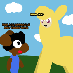 Size: 480x480 | Tagged: safe, artist:artdbait, community related, character:paprika paca, oc, oc:nappy, species:alpaca, them's fightin' herds, big eyes, cloud, cute, fightin' doods, mouse, terrifying