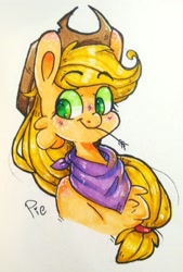 Size: 1615x2385 | Tagged: safe, artist:soundwavepie, character:applejack, species:pony, bandana, blushing, bust, cheek fluff, chest fluff, colored pupils, cute, female, freckles, jackabetes, marker drawing, neckerchief, portrait, shoulder freckles, solo, straw in mouth, traditional art