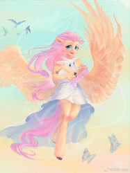 Size: 1080x1447 | Tagged: safe, artist:ogre, character:angel bunny, character:fluttershy, species:anthro, species:pegasus, species:rabbit, species:unguligrade anthro, g4, clothing, colored eyebrows, colored hooves, duo, eyebrows, female, finger hooves, flying, hooves, male, mare, signature, skirt, spread wings, unshorn fetlocks, wings