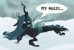 Size: 2000x1361 | Tagged: safe, artist:askometa, character:queen chrysalis, species:changeling, episode:frenemies, g4, my little pony: friendship is magic, changeling queen, dialogue, drained, female, prone, scene interpretation, snow, solo, speech bubble, vulnerable