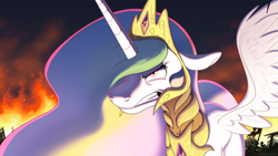 Size: 1900x1069 | Tagged: safe, artist:askometa, character:princess celestia, species:pony, angry, armor, badass, female, fire, gritted teeth, solo, spread wings, warrior, warrior celestia, wings