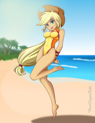 Size: 618x800 | Tagged: safe, alternate version, artist:matty4z, artist:silver-wingx, character:applejack, my little pony:equestria girls, adorasexy, barefoot, beach, beautiful, breasts, busty applejack, clothing, cowboy hat, cute, feet, female, freckles, hat, jackabetes, one-piece swimsuit, open mouth, sexy, signature, solo, stetson, swimsuit