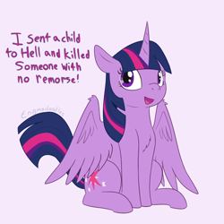 Size: 900x900 | Tagged: safe, artist:enigmadoodles, character:twilight sparkle, character:twilight sparkle (alicorn), species:alicorn, species:pony, episode:school raze, episode:the beginning of the end, g4, my little pony: friendship is magic, chest fluff, context is for the weak, cute, female, floppy ears, grimcute, implied cozy glow, implied death, implied king sombra, mare, open mouth, out of context, simple background, sitting, smiling, solo, speech, twiabetes, white background