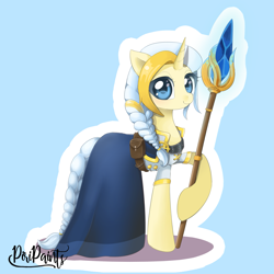 Size: 2733x2733 | Tagged: safe, artist:piripaints, species:pony, species:unicorn, blizzard entertainment, blue background, braid, braided tail, clothing, crossover, dress, female, hoof hold, jaina proudmoore, looking at you, mage, mare, ponified, raised hoof, simple background, smiling, solo, staff, video game, warcraft, weapon, white hair, wizard, world of warcraft
