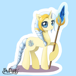 Size: 2733x2733 | Tagged: safe, artist:piripaints, species:pony, species:unicorn, blizzard entertainment, blue background, braid, braided tail, crossover, female, hoof hold, jaina proudmoore, looking at you, mage, mare, ponified, raised hoof, raised leg, simple background, smiling, solo, staff, video game, warcraft, weapon, white hair, wizard, world of warcraft